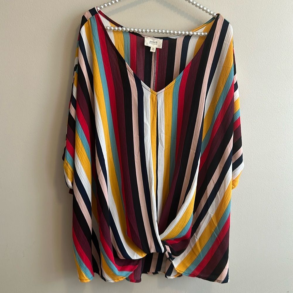 Perch by Blu Pepper 3XL Top Striped V-Neck Twist Front Plus Size Short Sleeve